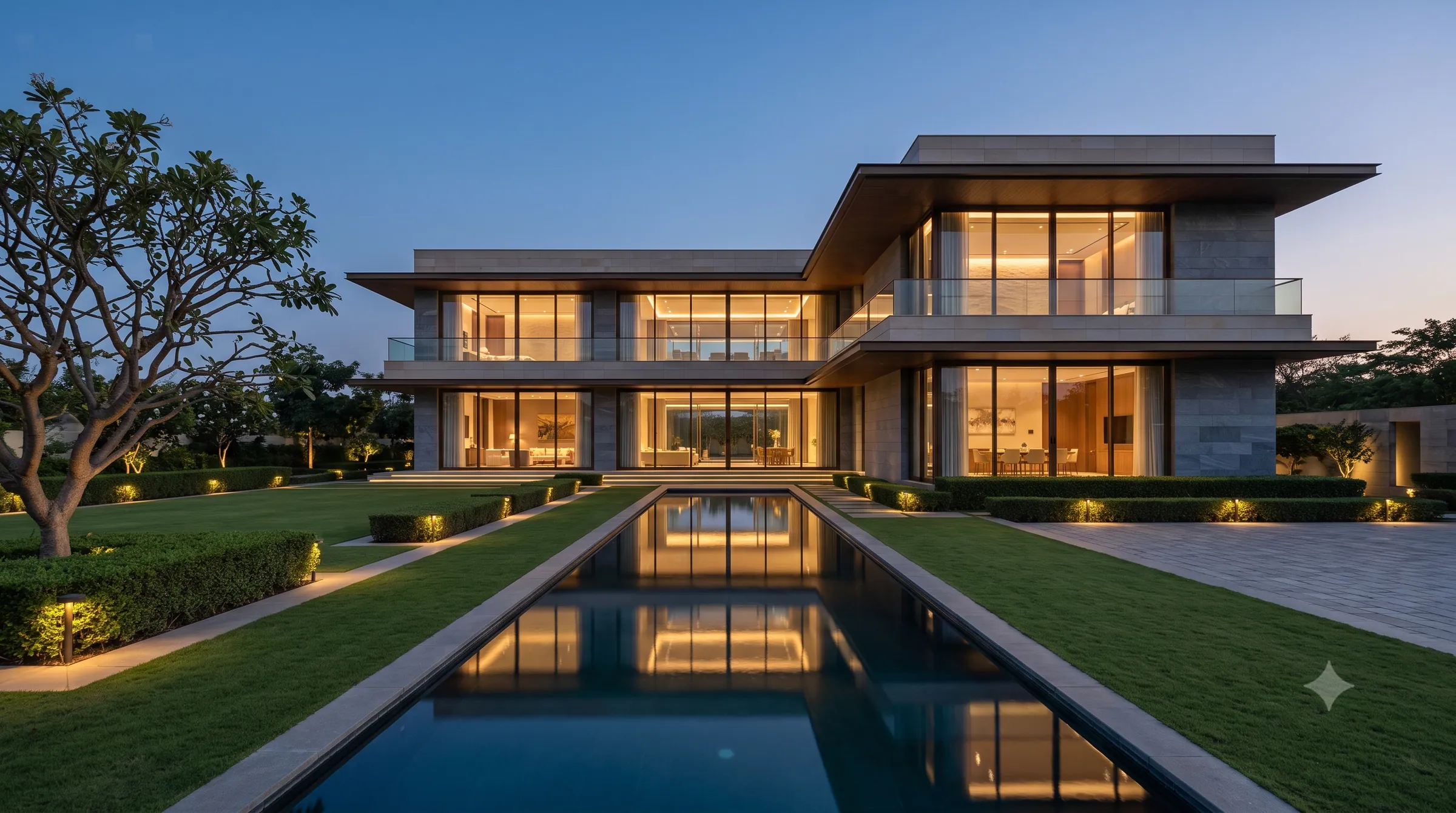 Concept visualisation: Villa exterior at blue hour beside a reflecting pool