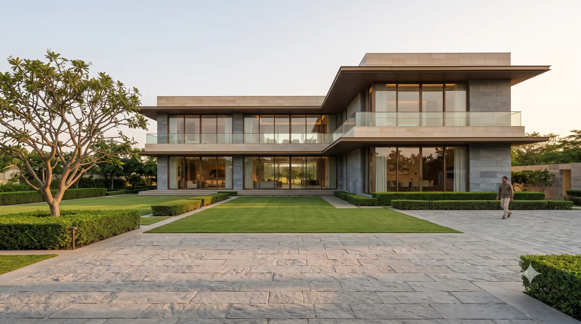 Concept visualisation: A two-level villa in late-afternoon light