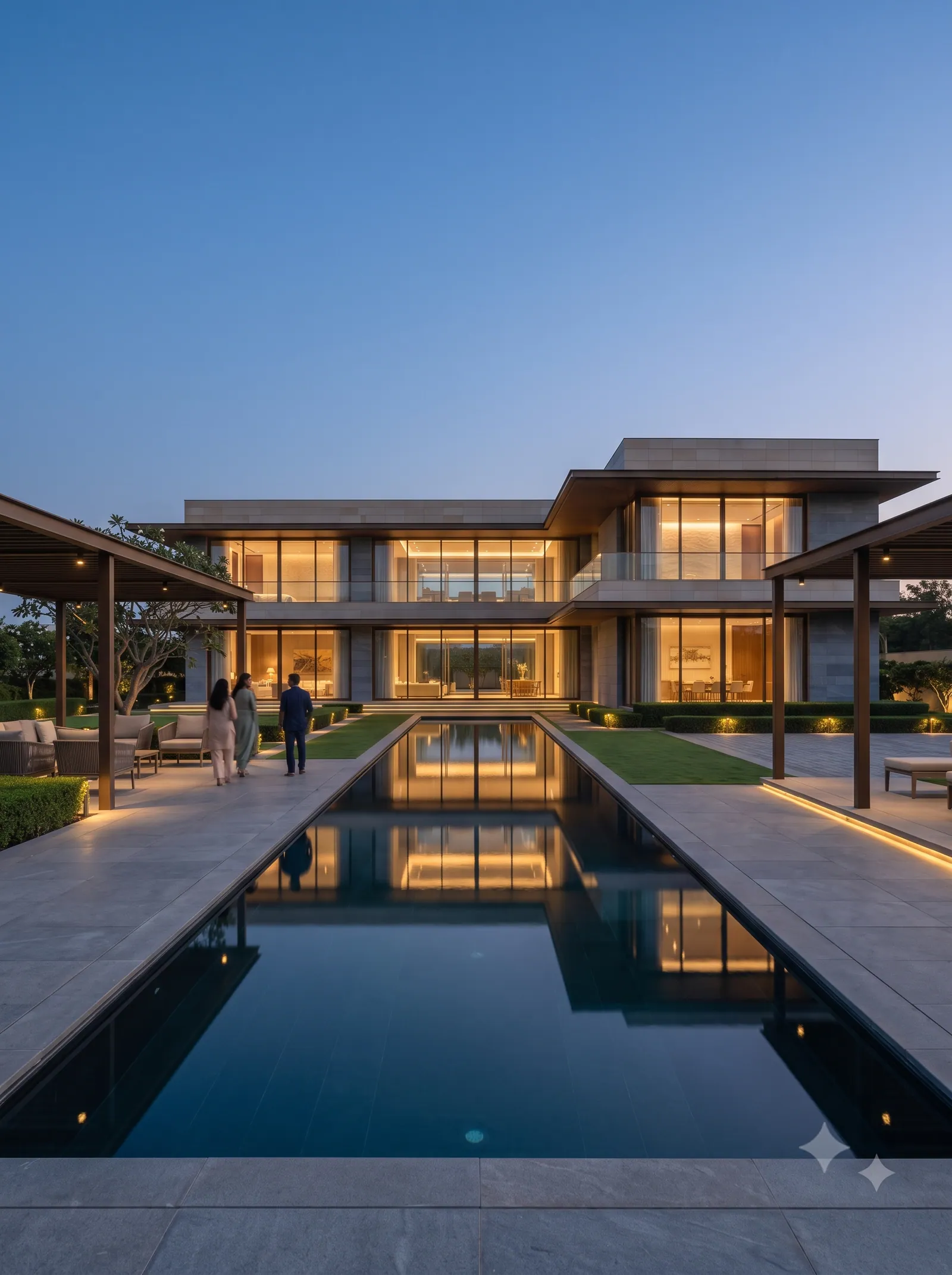 Concept visualisation: A clubhouse infinity pool at dusk
