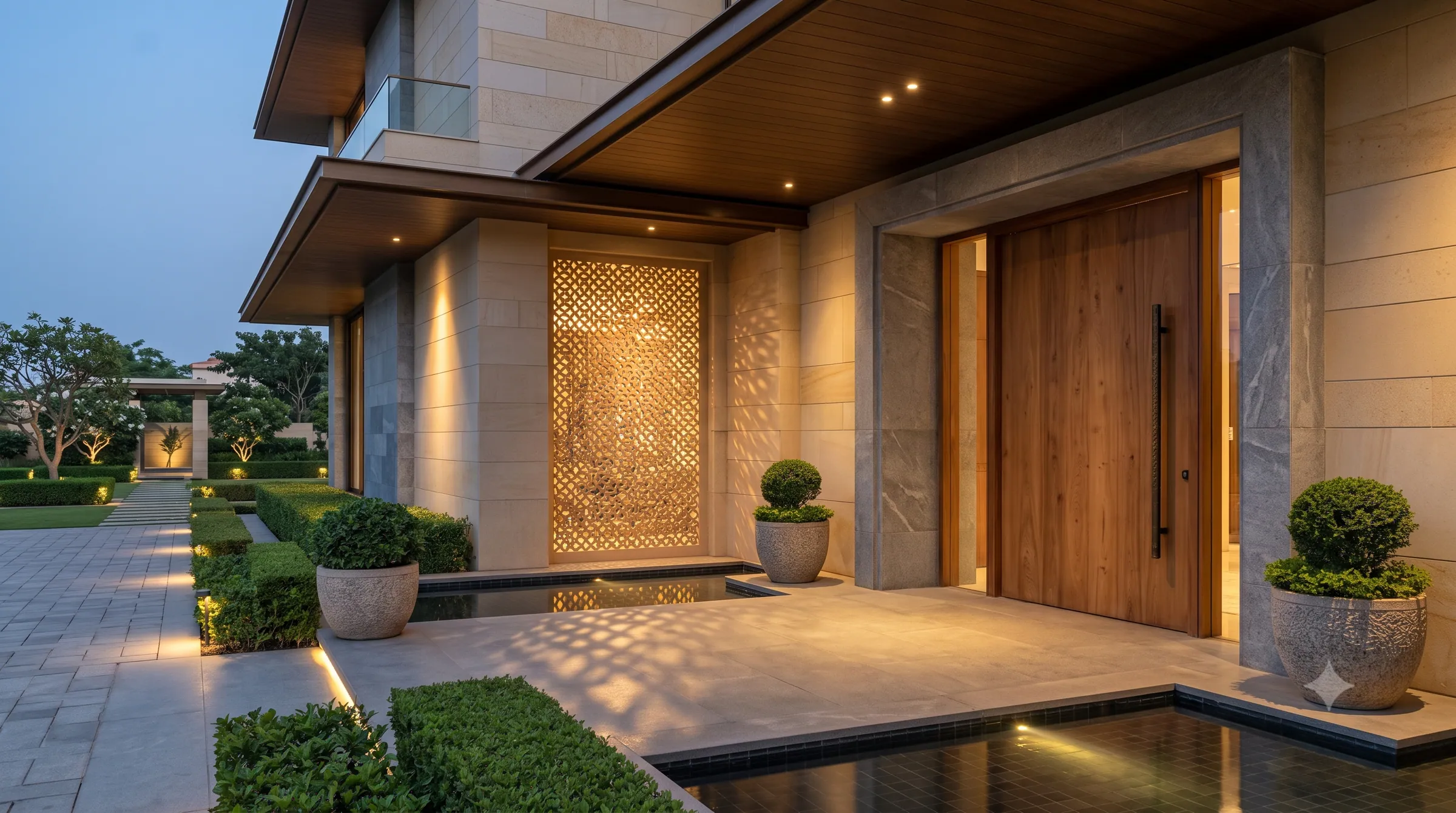 Concept visualisation: A villa entrance with a teak door and jaali screen at evening