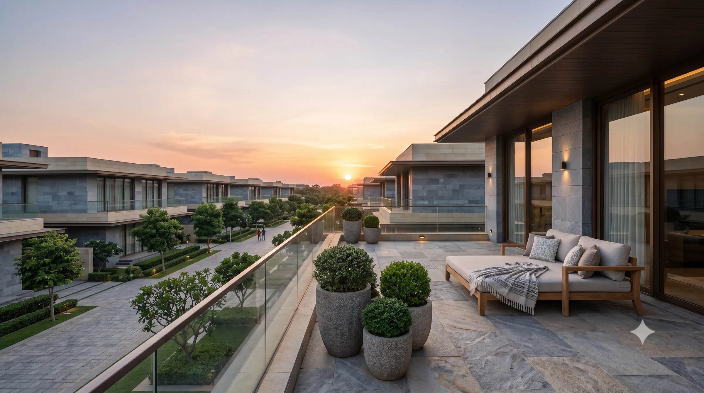 Concept visualisation: An upper-level terrace at sunset
