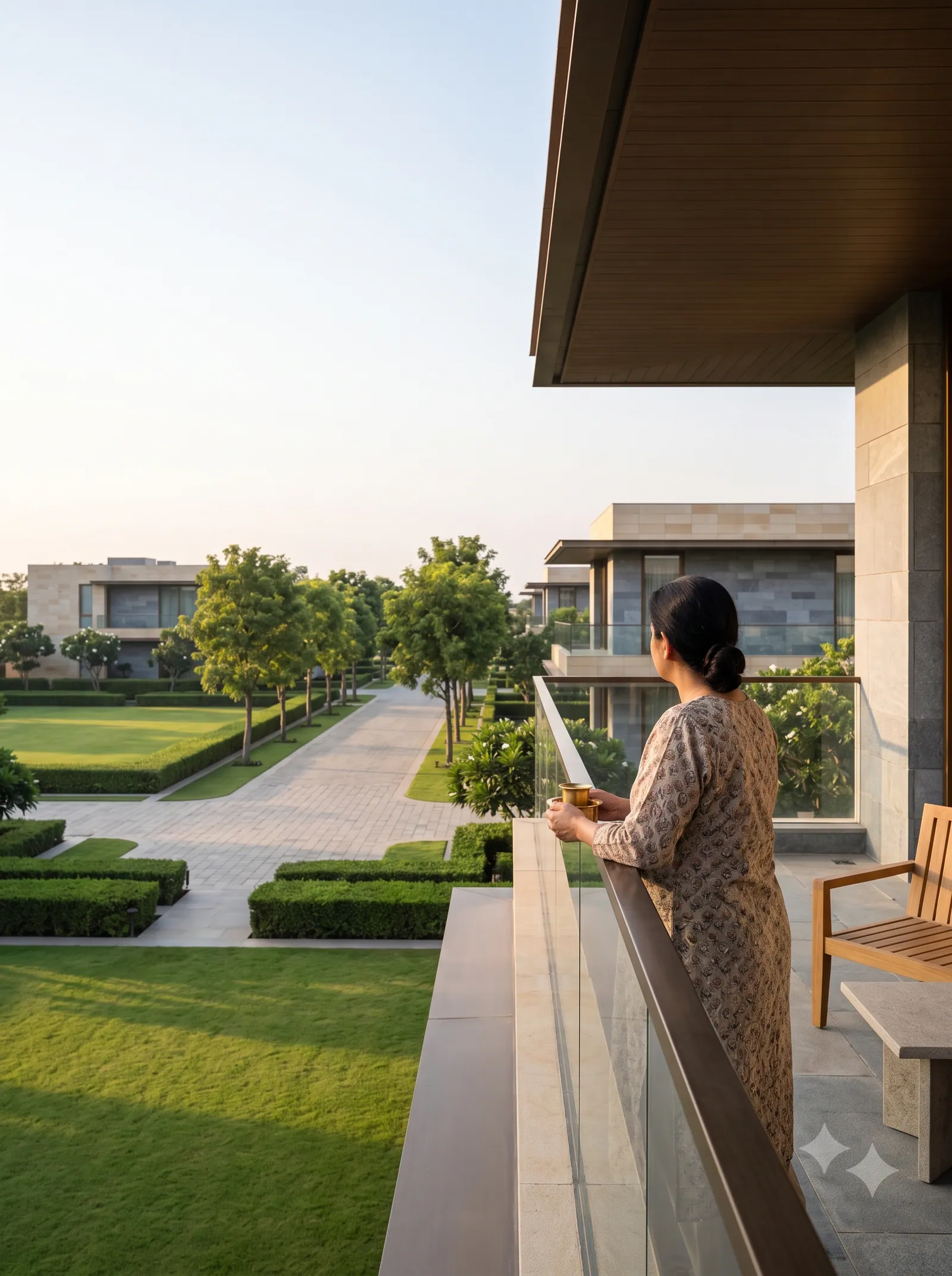 Concept visualisation: Morning chai on a terrace overlooking trees