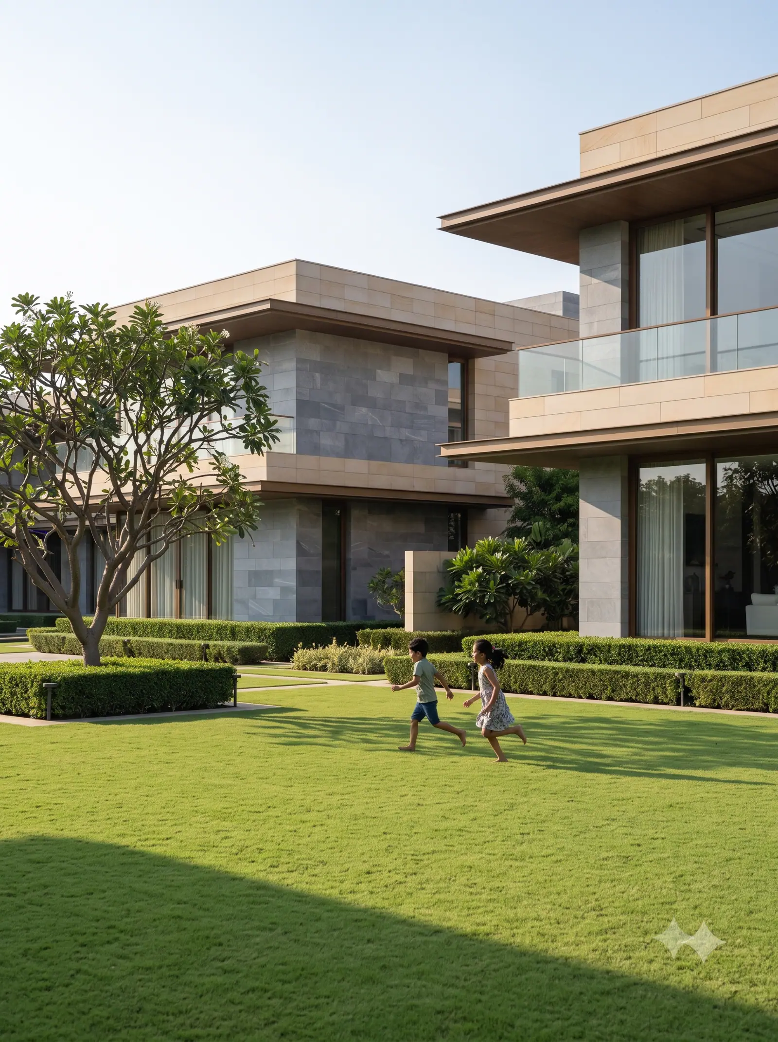 Concept visualisation: Children running on a lawn under a neem tree