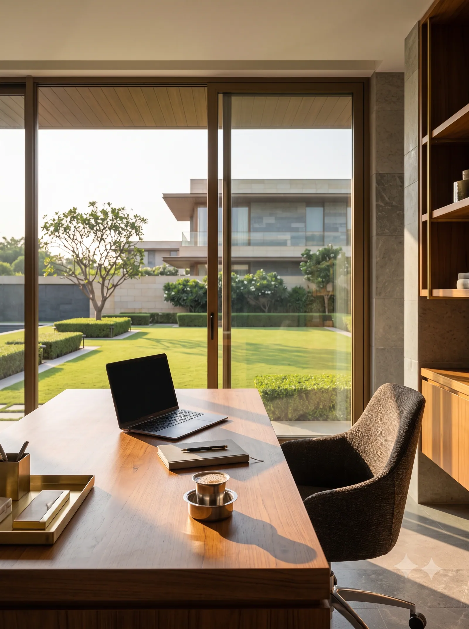 Concept visualisation: A home office desk with a garden view