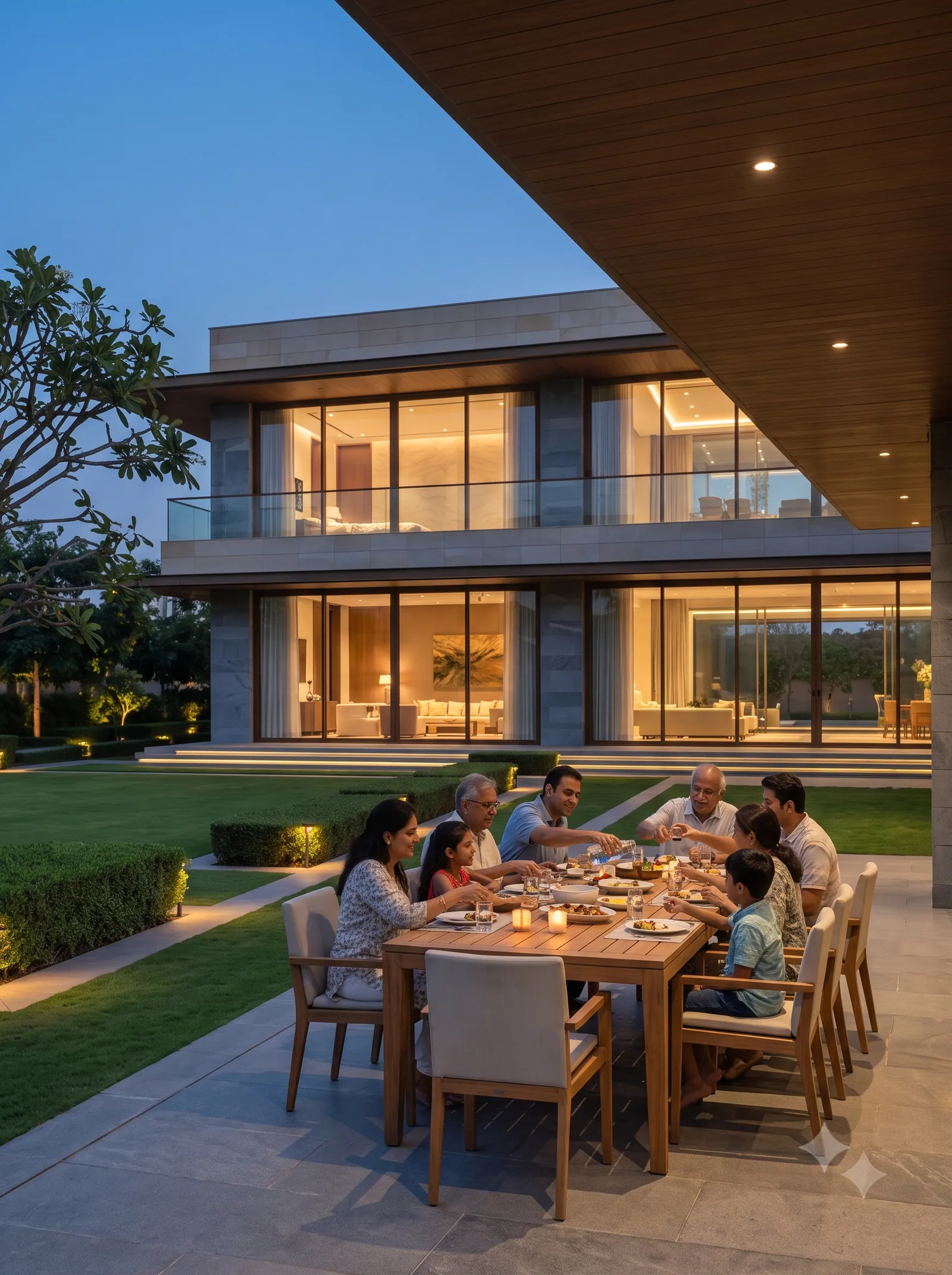 Concept visualisation: A family dinner outdoors under string lights