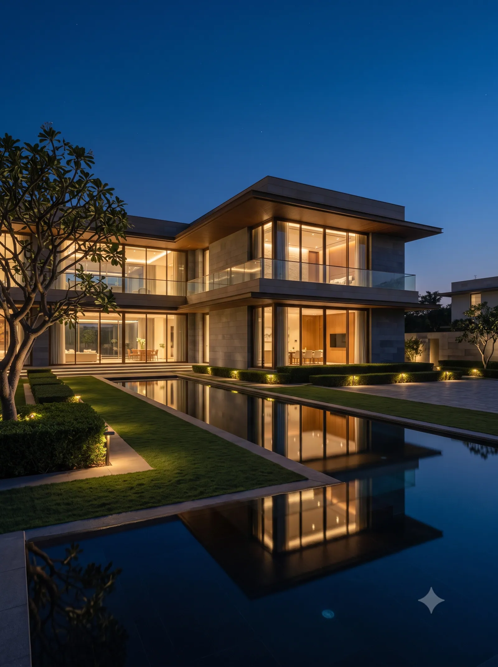 Concept visualisation: A villa garden lit softly at night