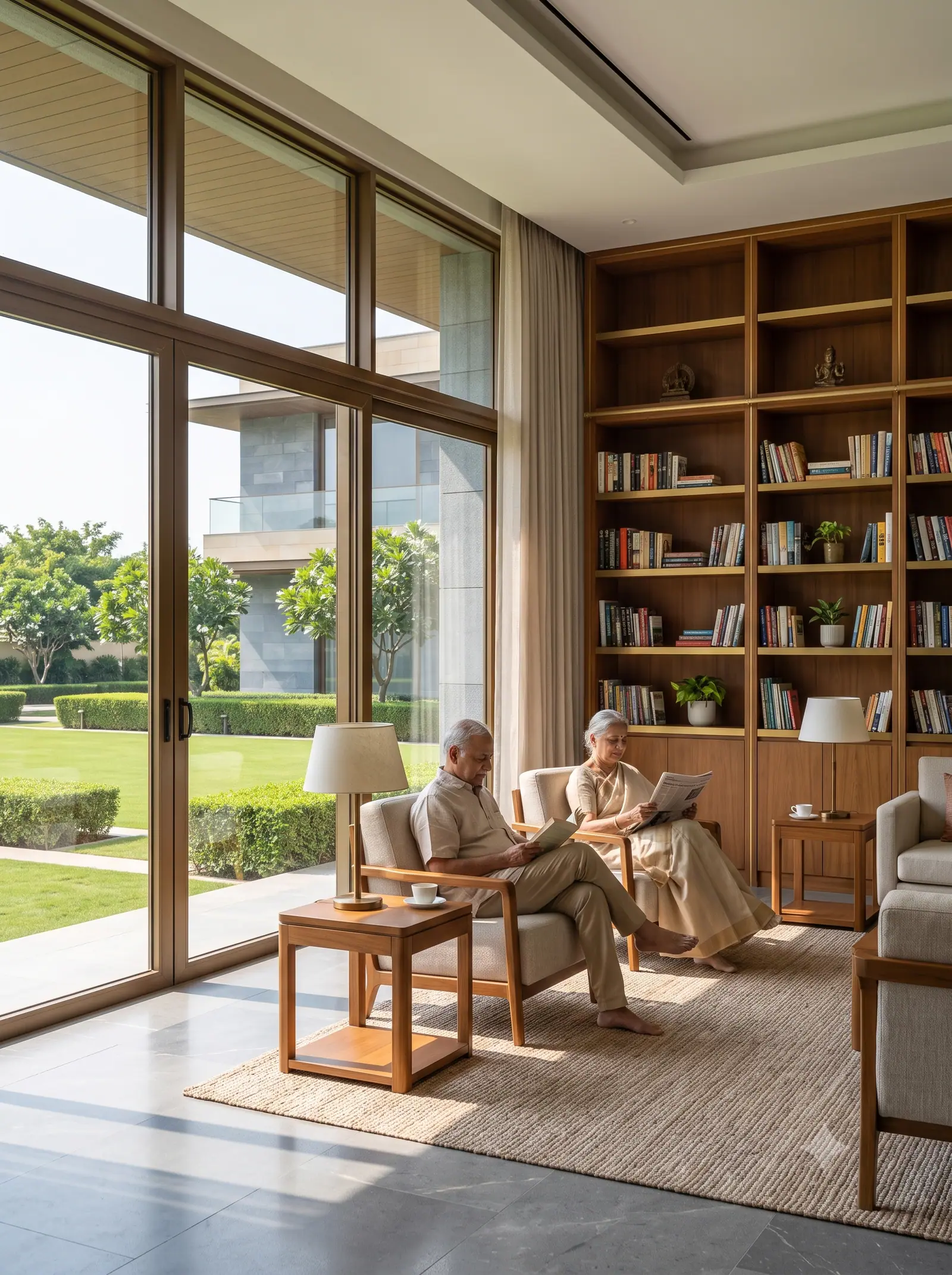 Concept visualisation: A sunlit clubhouse reading lounge